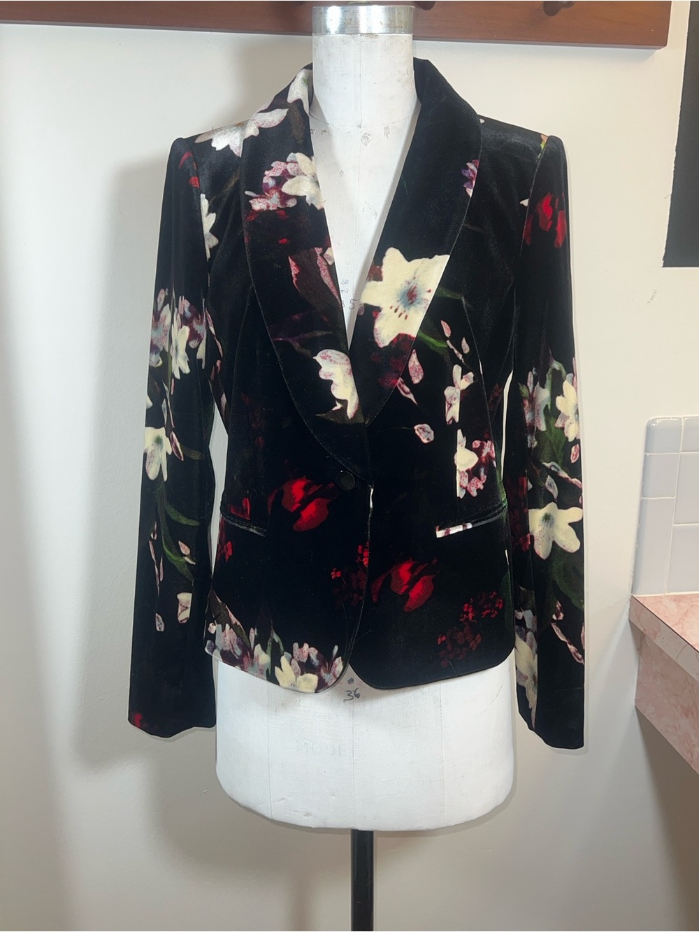 Calvin Klein Black Velvet Blazer with Cream & Red Floral Print - Picture 7 of 10
